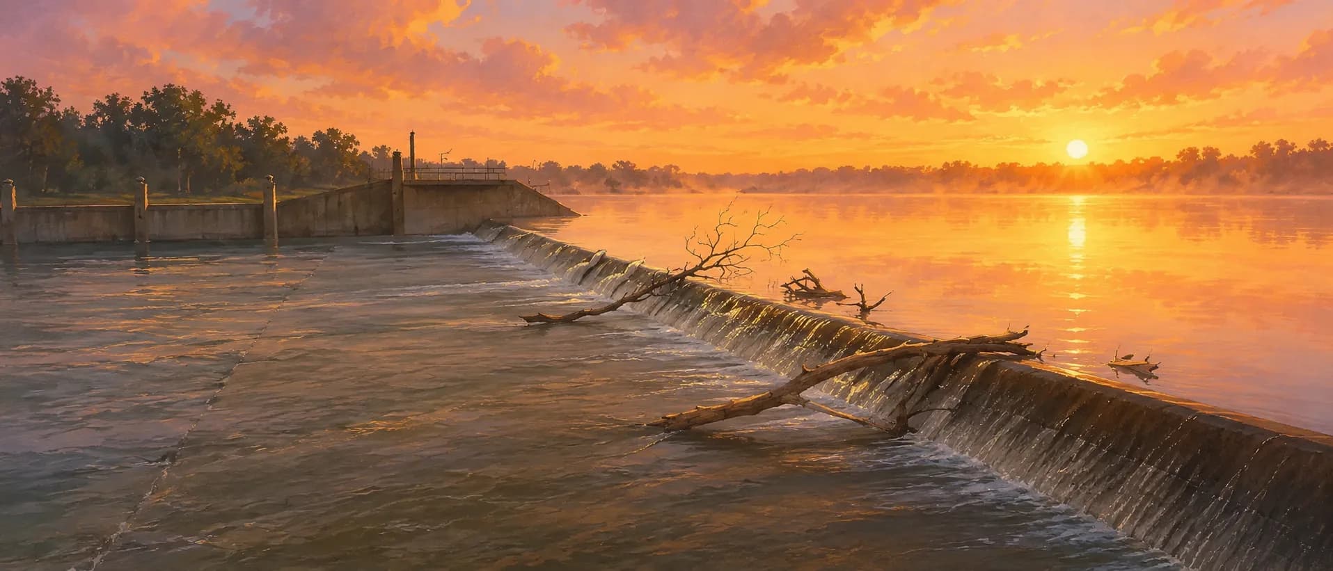 Hand-painted warm dawn over the White Rock Lake spillway in Dallas