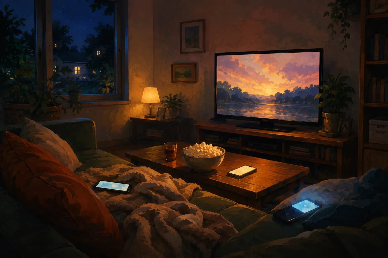 Painted scene - a glowing TV and phones lit up on a couch, movie night