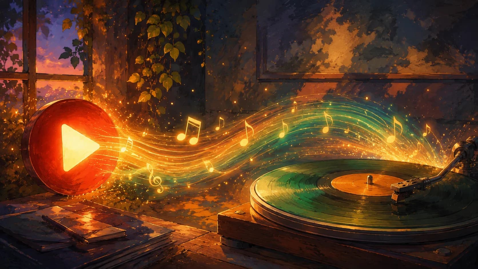 Painted scene - sound waves crossing from a red play button to green vinyl