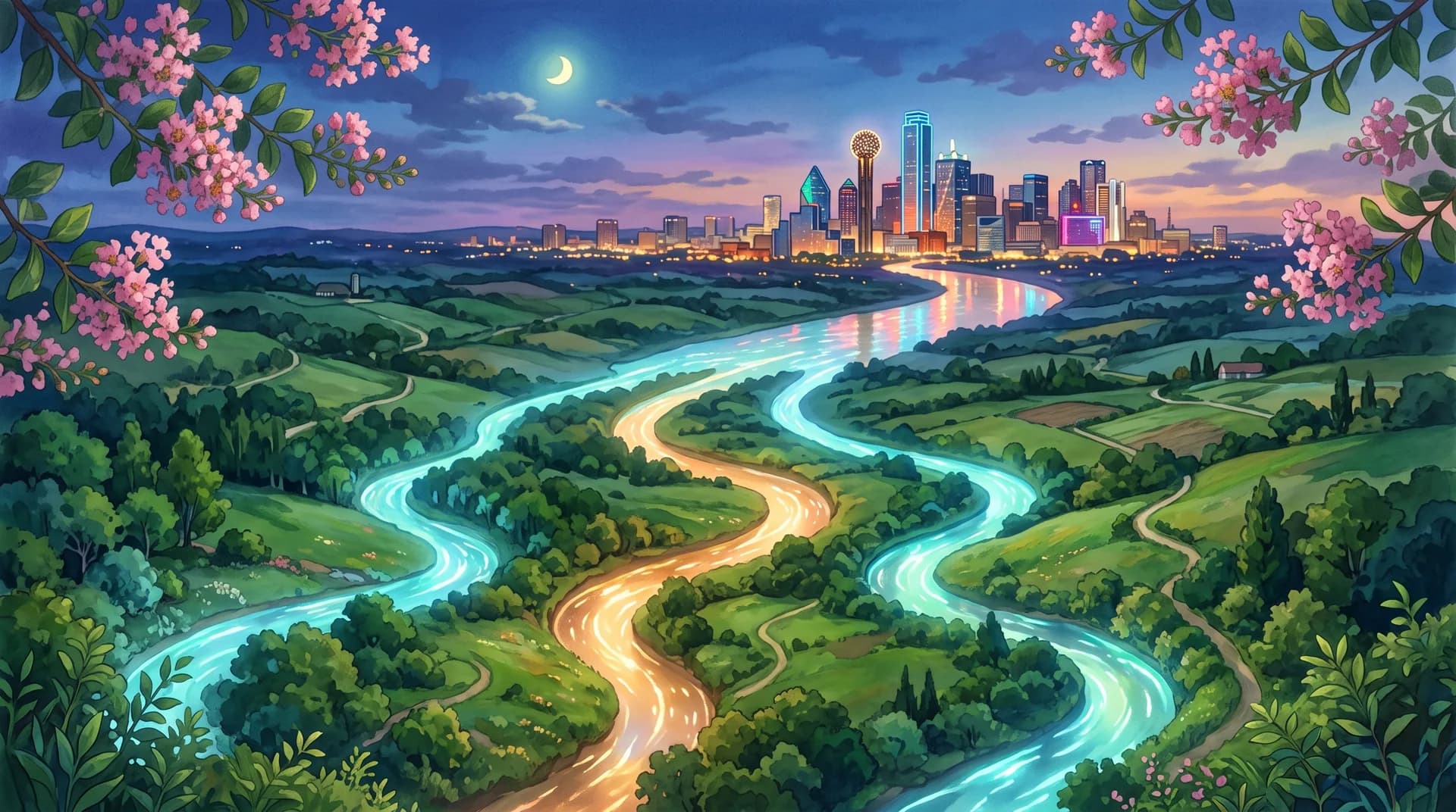 Painted scene - three rivers merging into one, conference hall skyline