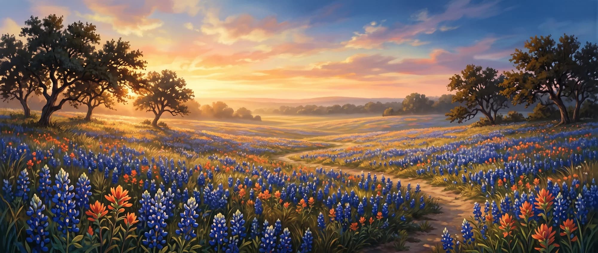 Hand-painted Texas bluebonnet meadow at dusk, scattered with Indian paintbrush