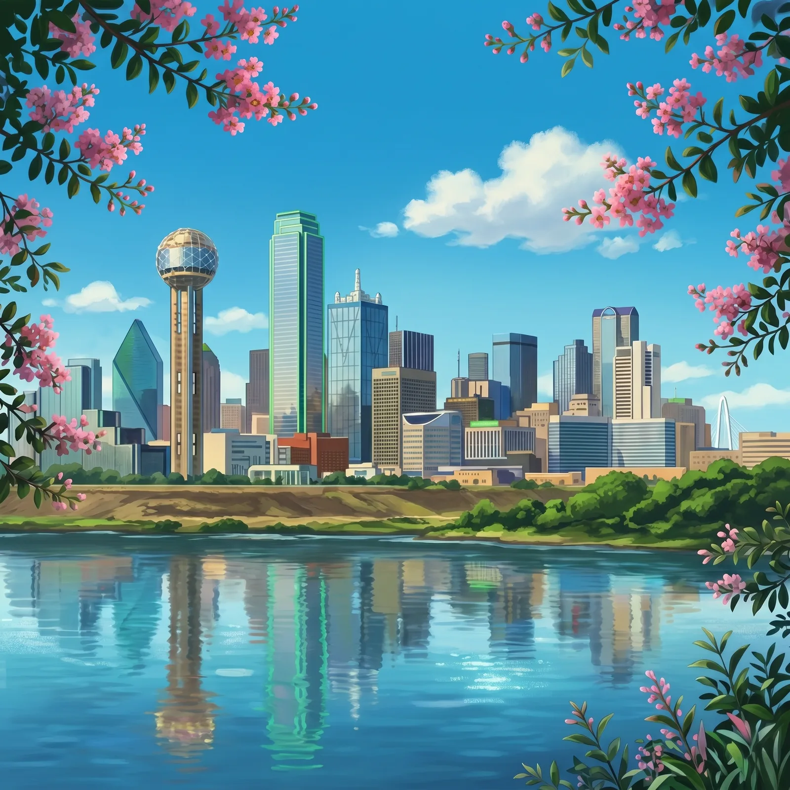 Hand-painted daytime Dallas skyline over the Trinity River