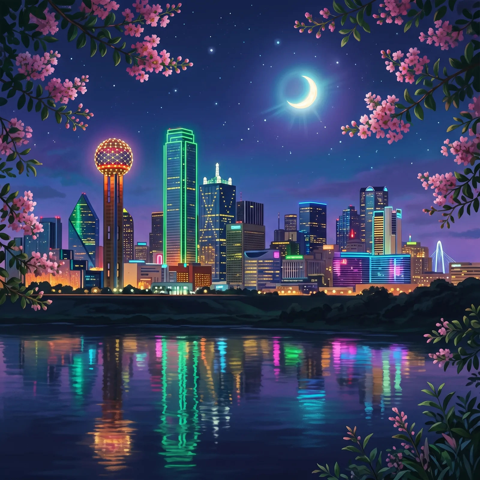 Hand-painted moonlit Dallas skyline over the Trinity River