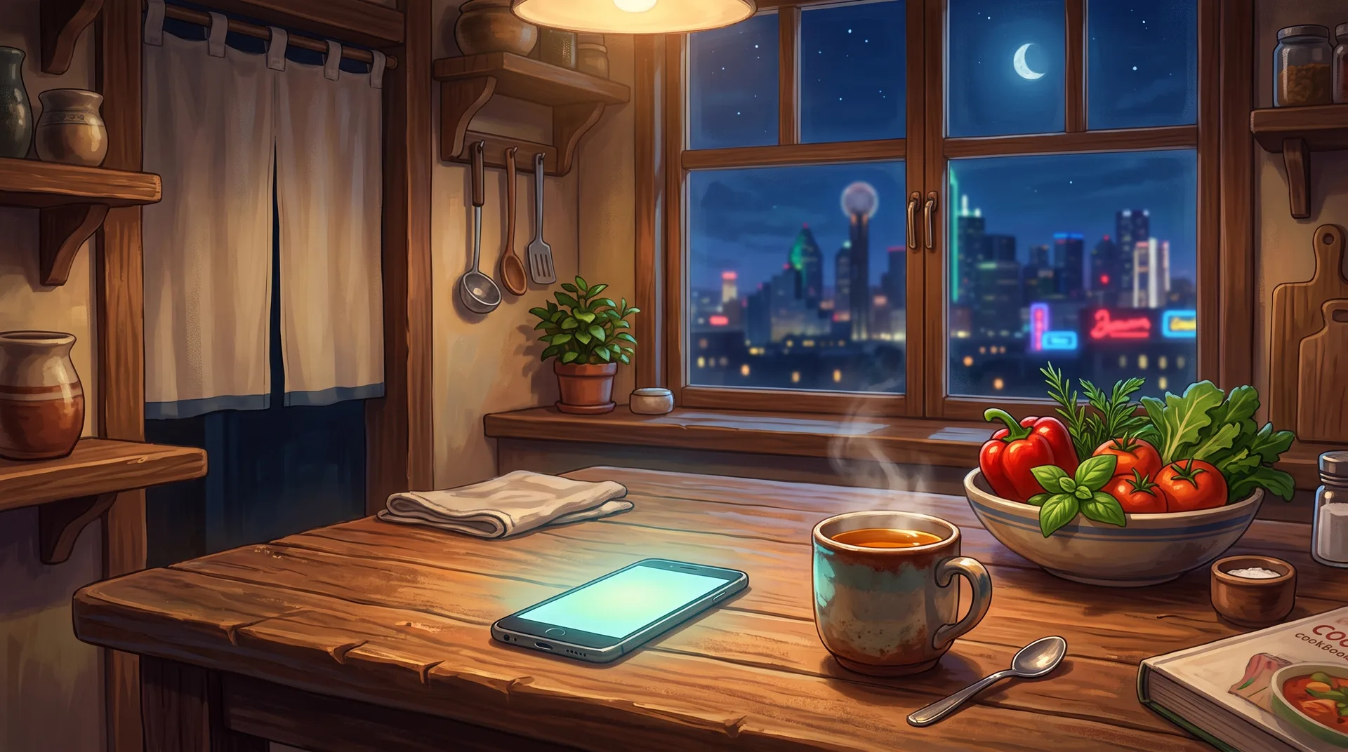 Painted scene — a kitchen table on Thursday night, phone glowing