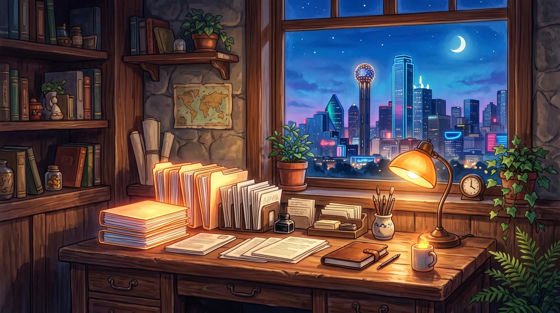Painted scene — a desk of glowing folders, office at dusk